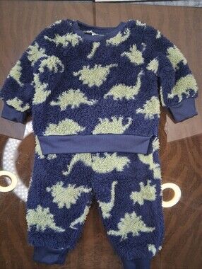 Navy & Light Green Dinosaur Sherpa Pajama Set for Kids